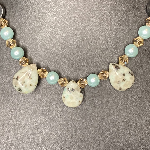 Dalmatian Jasper necklace Swarovski crystal glass pearl - Picture 2 of 5